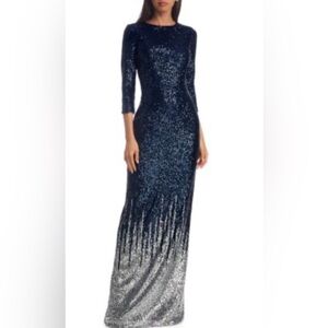 Teri Jon By Rickie Freeman Sequin-Embellished Knit Gown Formal Blue Size 4